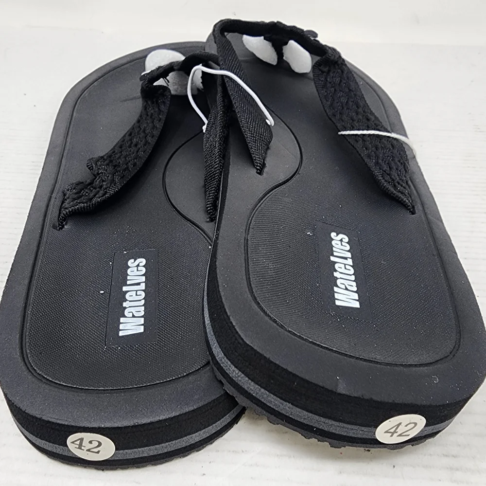 New WateLves Mens Bkack Flip Flops Sandals‎ Memory Foam Non Slip Size 9